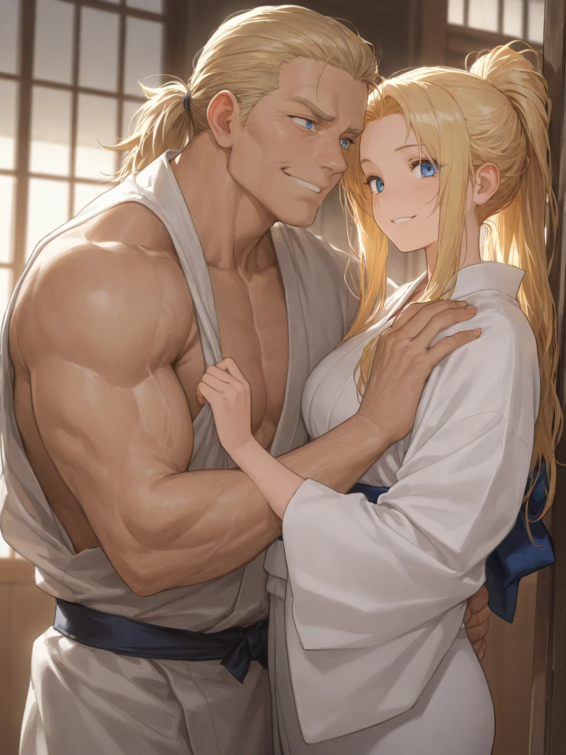 ((Highest quality)), ((masterpiece)), (detailed), (Perfect Face)、The woman is the Greek goddess Tyatia, wearing a white Doric chiton from ancient Greece, with medium blonde hair and green eyes.、The woman is embraced by the male god of ancient Greece in the temple of ancient Greek mythology, impregnated and loved by him.、The man is a muscular, blond, curly-haired male god of ancient Greece wearing an ancient Greek Doric chiton, embracing a woman and having sex with her.