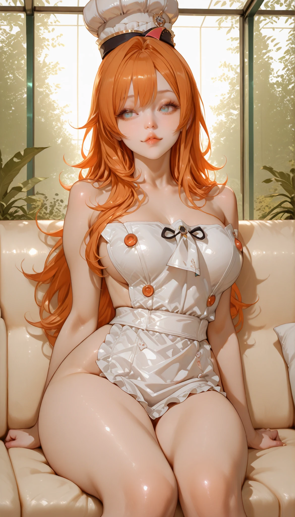 1girl,(sad smile,orgasm,aroused,naughty face),realistic:1.5,high resolution,best quality,masterpiece,nsfw,full body,pale skin,(very long shiny hair,wet hair,blunt bangs,very light orange hair,wavy hair,hair over one eye),pointy breasts,medium breasts,looking at viewer,(see through,ao dai)