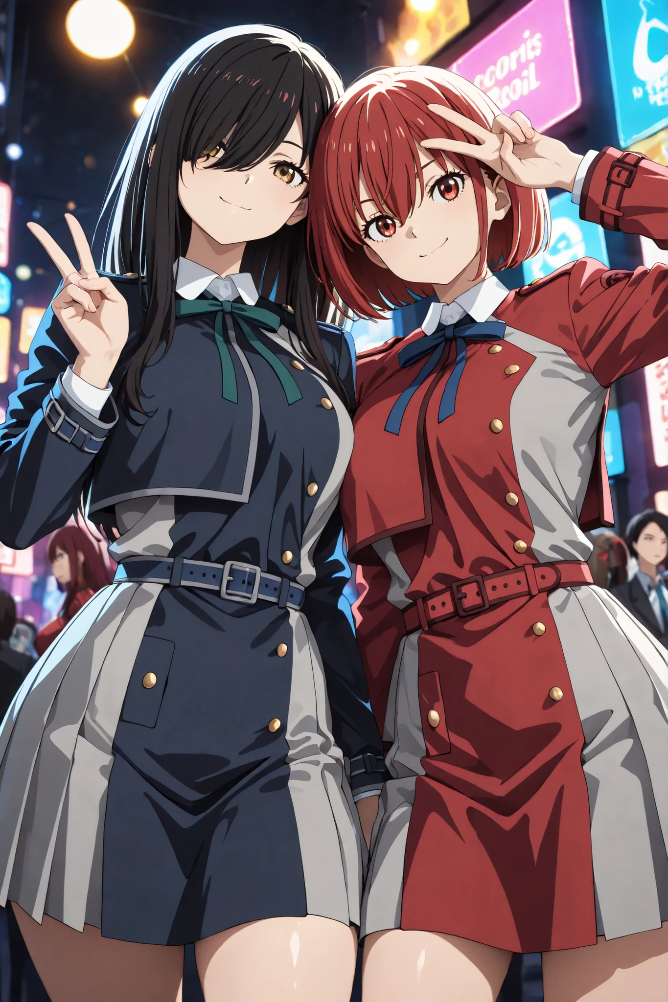 (masterpiece, best quality), amazing quality, very aesthetic, absurdres, highres, newest, HDR, 8K, anime style, chiaroscuro, extremely detailed face and eyes, cinematic, professional lighting, dynamic angle, foreshortening, aegyo sal, duo focus, (2girls, multiple girls), detailed costumes, vibrant cosplay, standing together, cute pose, smile, v, anime convention, comic con, colorful lights, crowded background, pastel lighting, side-by-side BREAK 1girl, Takina Inoue_/(Lycoris Recoil/)_(cosplay) red eyes, hair over right eye, black hair, long hair, medium breasts, petite, curvy, shirt, long sleeves, dress, ribbon, school uniform, white shirt, collared shirt, belt, neck ribbon, blue dress, green ribbon, pleated dress, grey dress, two-tone dress, blue belt, lycoris uniform, BREAK 1girl, Chisato Nishikigi_/(Lycoris Recoil/)_(cosplay), red hair, short hair, hair between eyes, (golden eyes), medium breasts, petite, curvy, shirt, long sleeves, dress, ribbon, white shirt, collared shirt, belt, neck ribbon, red dress, blue ribbon, pleated dress, grey dress, two-tone dress, red belt, lycoris uniform