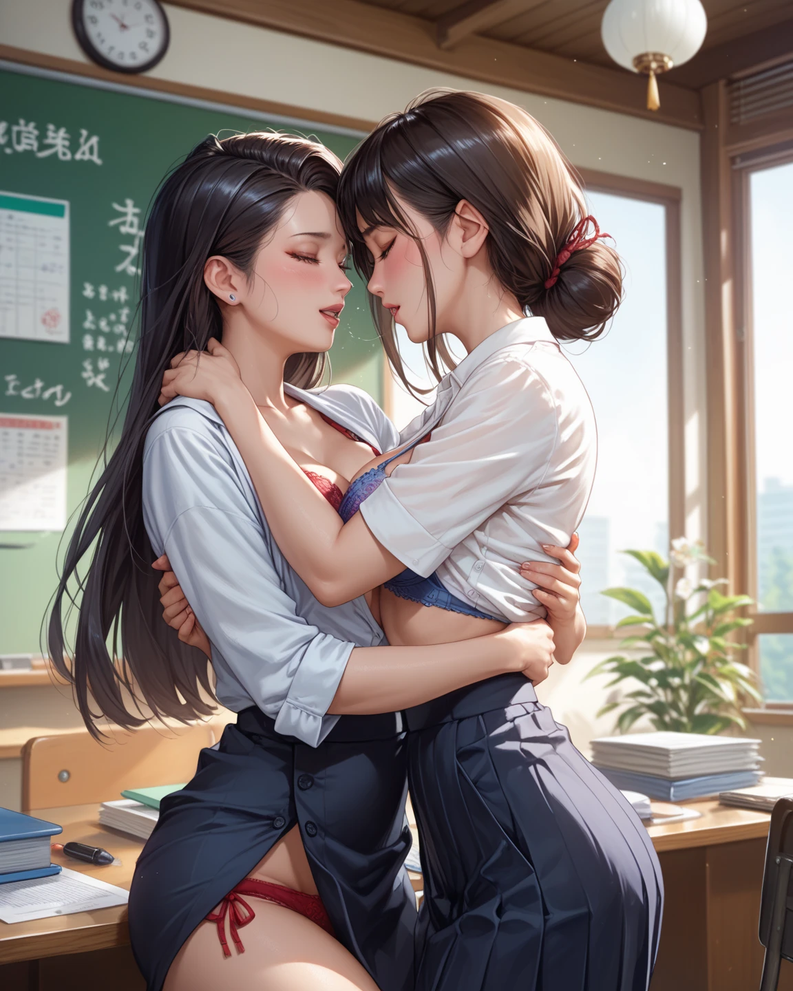 Masterpiece, (2 beautiful females, teacher and school girl), yuri sex, ecchi style, sitting on each other, school girl, slim, arm on neck choking:1.2, pushing head down towards tights, hand in panties, masturbating:1:4, no skirt, in mouth ball gag , 