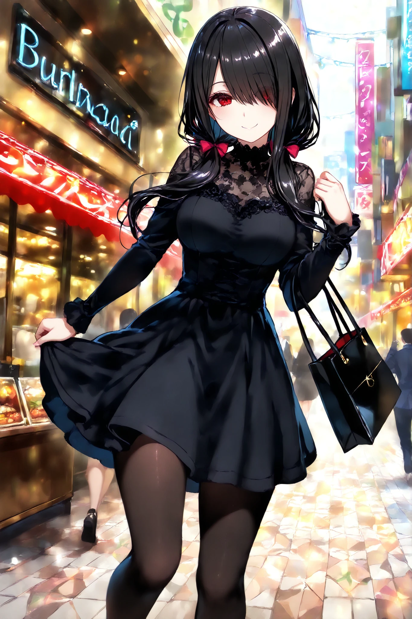 walking, stylish shopping street, modern japanese, smile, 1 girl, beautiful, kurumi tokisaki, KurumiBlack, hair over one eye, black hair, low twintails, red eye, hair bow, black dress, long sleeves, black pantyhose