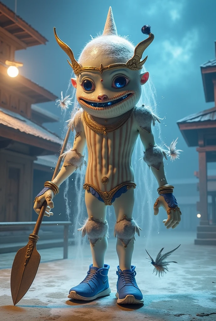 ((Masterpiece)), ((highly detailed)), a creature, small, two eyes, happy mouth, two hands, light blue skin,