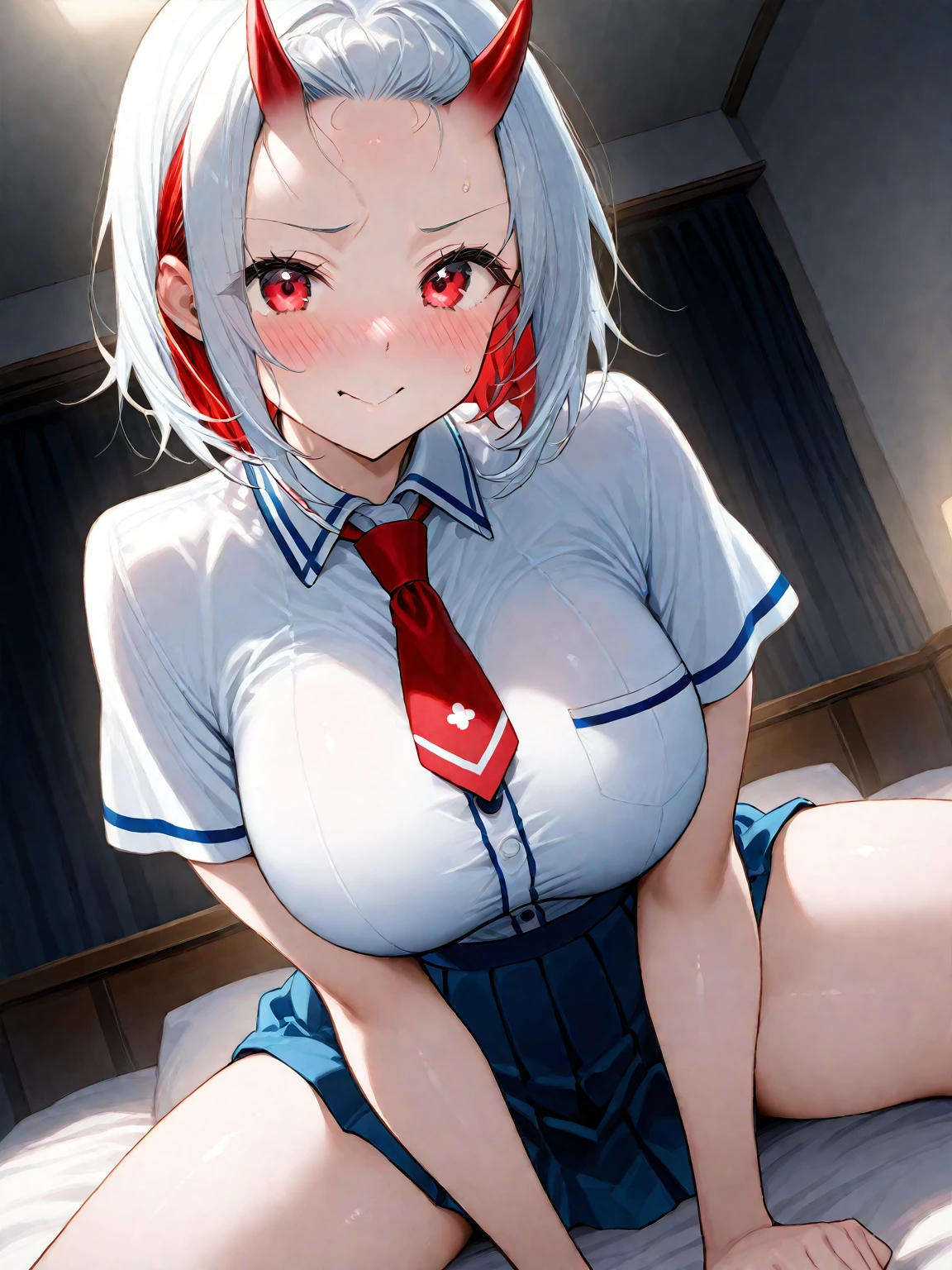 (bob hair, listen, beige hair)、(((white blouse,navy blazer、 I can see your underboob、red ribbon tie、Navy pleated mini skirt)),beautiful abs,double、long eyelashes 、(classroom)、 (highest quality,High resolution, realistic, High resolution, 1 Girl NSFW) ,slender body,vaginal sex,missionary,violent movement, spread your legs,slanted eyes,Sweat,saliva,,big breasts,cum in pussy,(A girl trembling at sexual climax),(((heart-shaped pupil)))、Ahegao,open your big mouth、stick out tongue、Sweating、back bridge、swaying chest、Watery eye