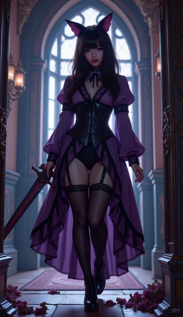 In the tavern，femele，with short brown hair，Brown pupils，gothic clothing，spread their legs，Purple lace stockings，high-heels