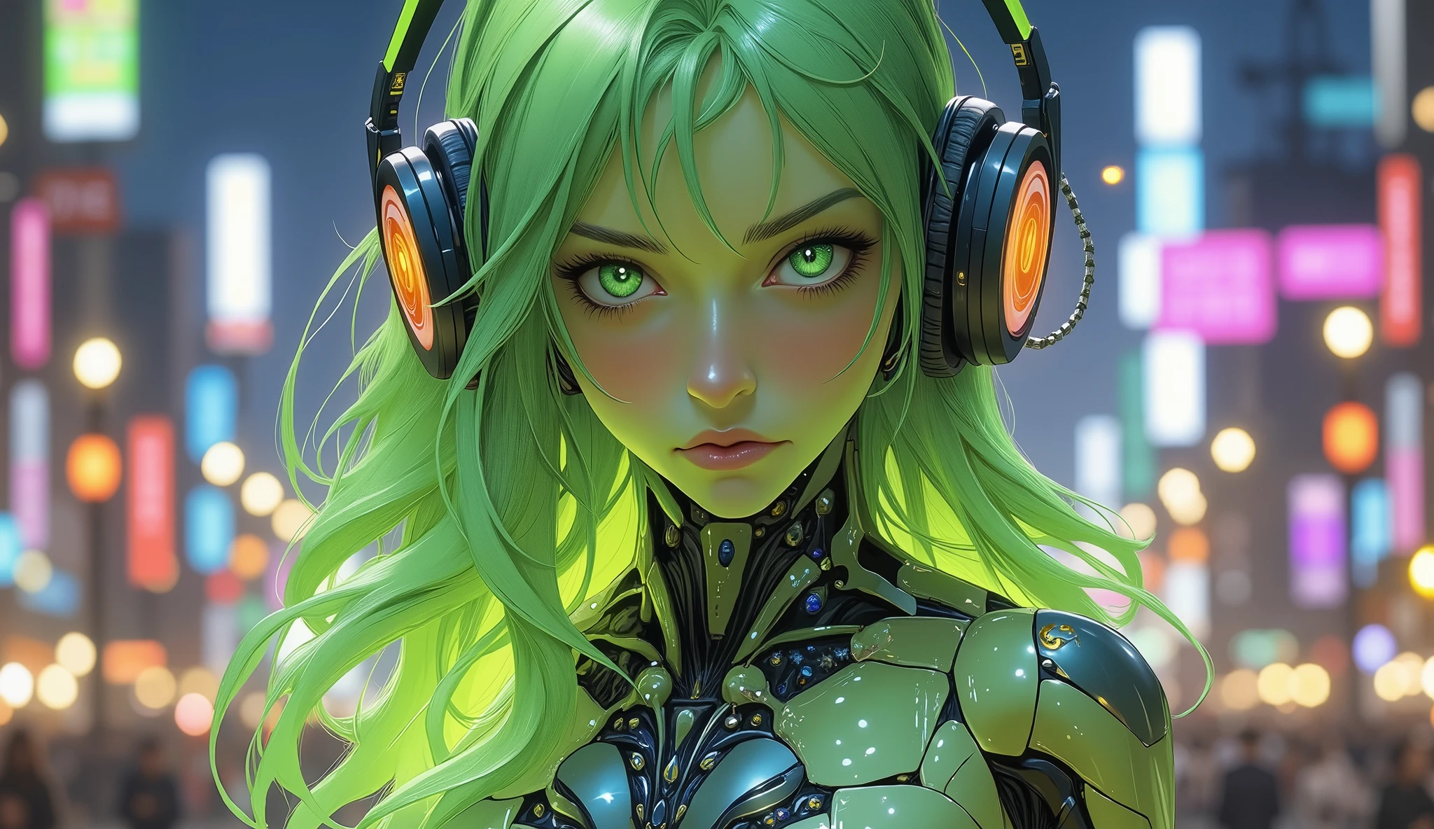 A vibrant digital illustration from a full-body frontal camera angl featuring a character with green skin and long, flowing green hair, surrounded by the city lights of Akihabara. She is gigantyc, like a city size, The image conveys a serene and mystical atmosphere. In the center she has a elegant dress, slightly vibrant translucent appearance, with her hair dripping down her back. Her piercing green eyes gaze thoughtfully at the cityscape, and her long, flowing hair adds a whimsical touch to the scene. she has a headphones rgb on her hear, futuristic female robot with long hair and striking eyes, wearing a form-fitting, metallic bodysuit that accentuates her large breasts and slender physique. the robot is positioned in the middle of the image, her eyes looking directly at the camera. she has a serious expression on her face and her lips are parted slightly. the background is a blurred, neon-lit cityscape with colorful lights, giving the image a futuristic and sci-fi feel. the lighting is dramatic, highlighting the robot's sleek, metallic design and the vibrant colors of the lights in the background. the image is high quality. the girl, positioned in the center of the image, has large, expressive eyes that seem to be looking directly at the viewer. her hair is styled in a way that frames her face, and she has a serene expression with parted lips and a hint of a blush on her cheeks. adding to the whimsical and dreamy atmosphere of the drawing.