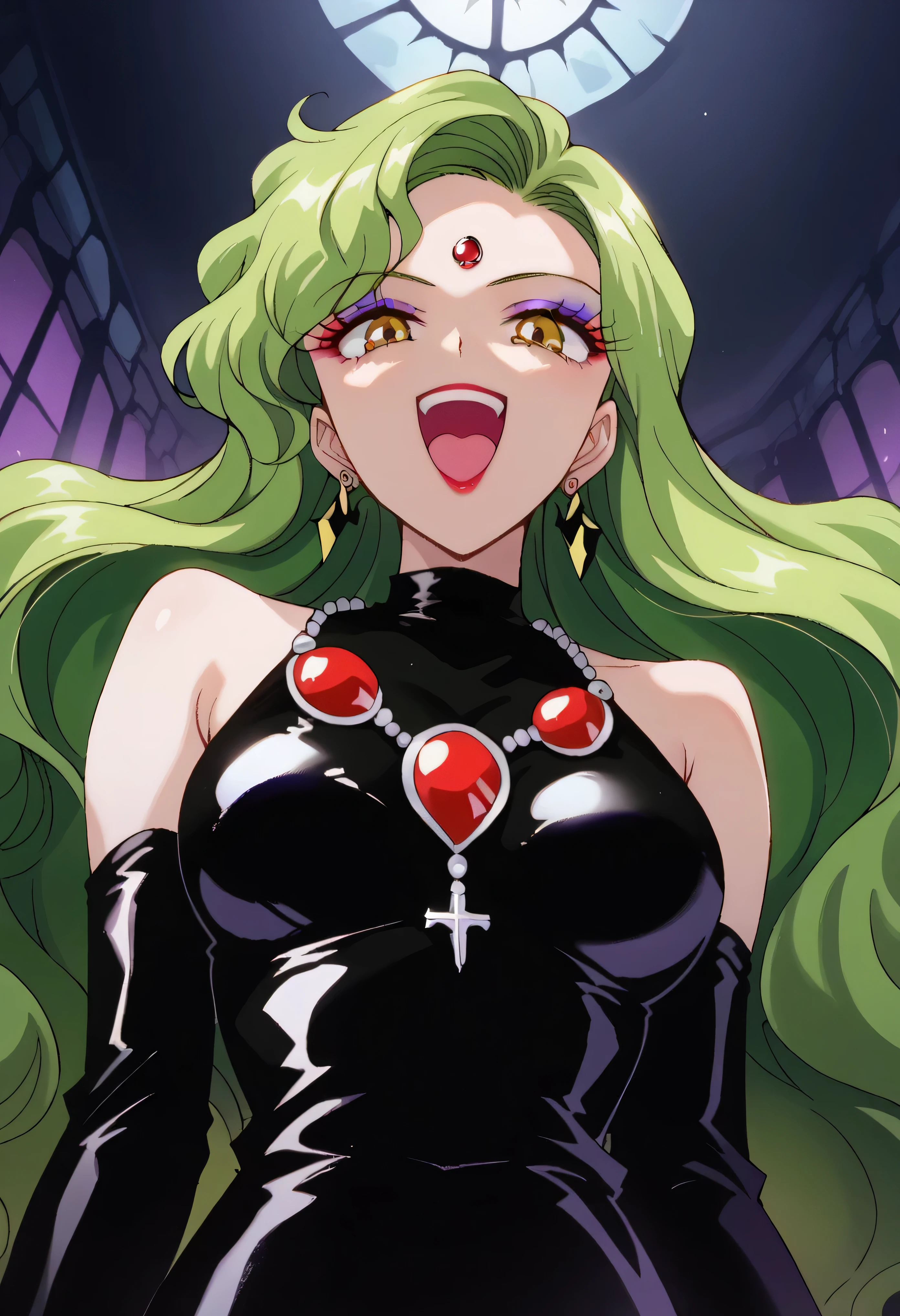 1 woman, beautiful face above the castle gate, green hair, very long hair, wavy hair with a graceful expression, LATEX ONLY , latex black gloves, red lipstick, makeup, elbow-length gloves, eyeshadow, bare shoulder,shiny latex black dress, gemstone necklace that crosses the see-through,huge purple crystal,earrings, , (Black Darkness:1.9),   go up and open your mouth wide  ,、Self-conceit,from below,Looking Down at Viewers,(laugh:1.7),Anime Coloring,The black crescent moon on the forehead,young lady pose,