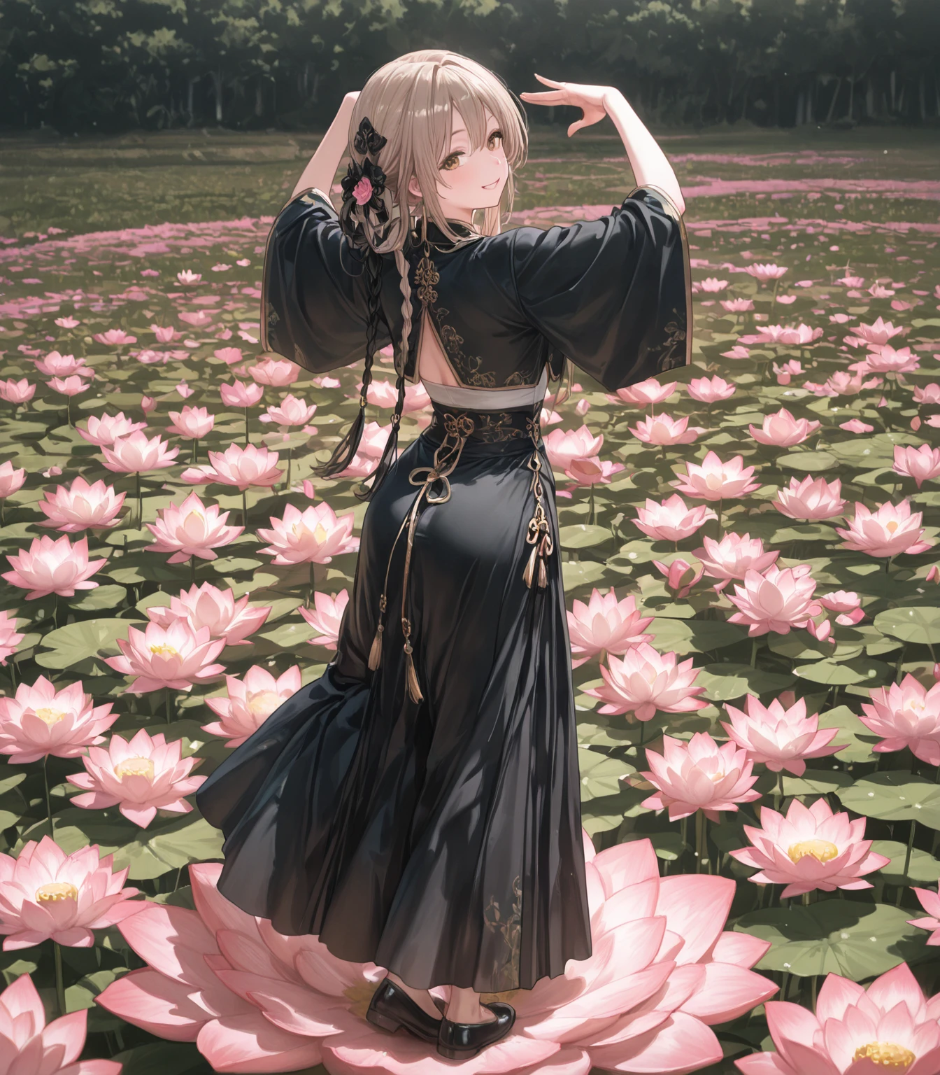 araffe dressed in a black and white gown and veil, the non-binary deity of spring, ethereal flowerpunk, floralpunk elysian maiden, full body xianxia, inspired by Otake Chikuha, flowing sakura-colored silk, inspired by Ai Xuan, elf girl wearing an flower suit, draped in fleshy green and pink