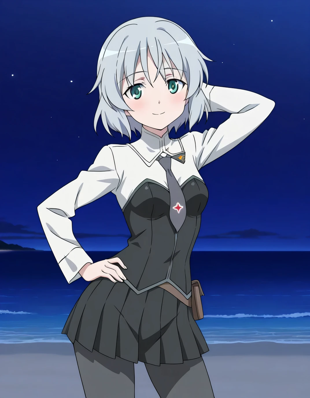 sanya v. litvyak, masterpiece, best quality, amazing quality, detailed background, perfect eyes, anime coloring, anime screencap, grey hair, short hair, small , green eyes, military uniform, long sleeves, grey necktie, black pleated skirt, pantyhose, high quality, closed mouth, solo, cowboy shot, night sky, beach, (hand behind head, hand on hip), ((contrapposto)), looking at viewer, shy smile, best quality