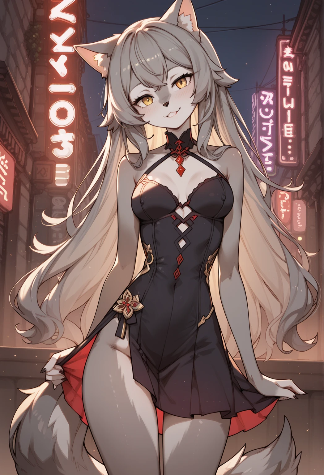one woman, fox ears, fox tail, silver hair, green eyes, big breasts, leather, see-through, pantyhose, leather dress, bodysuit, mature lady, tall person, wide hips, big ass, sexy, mature, anime
