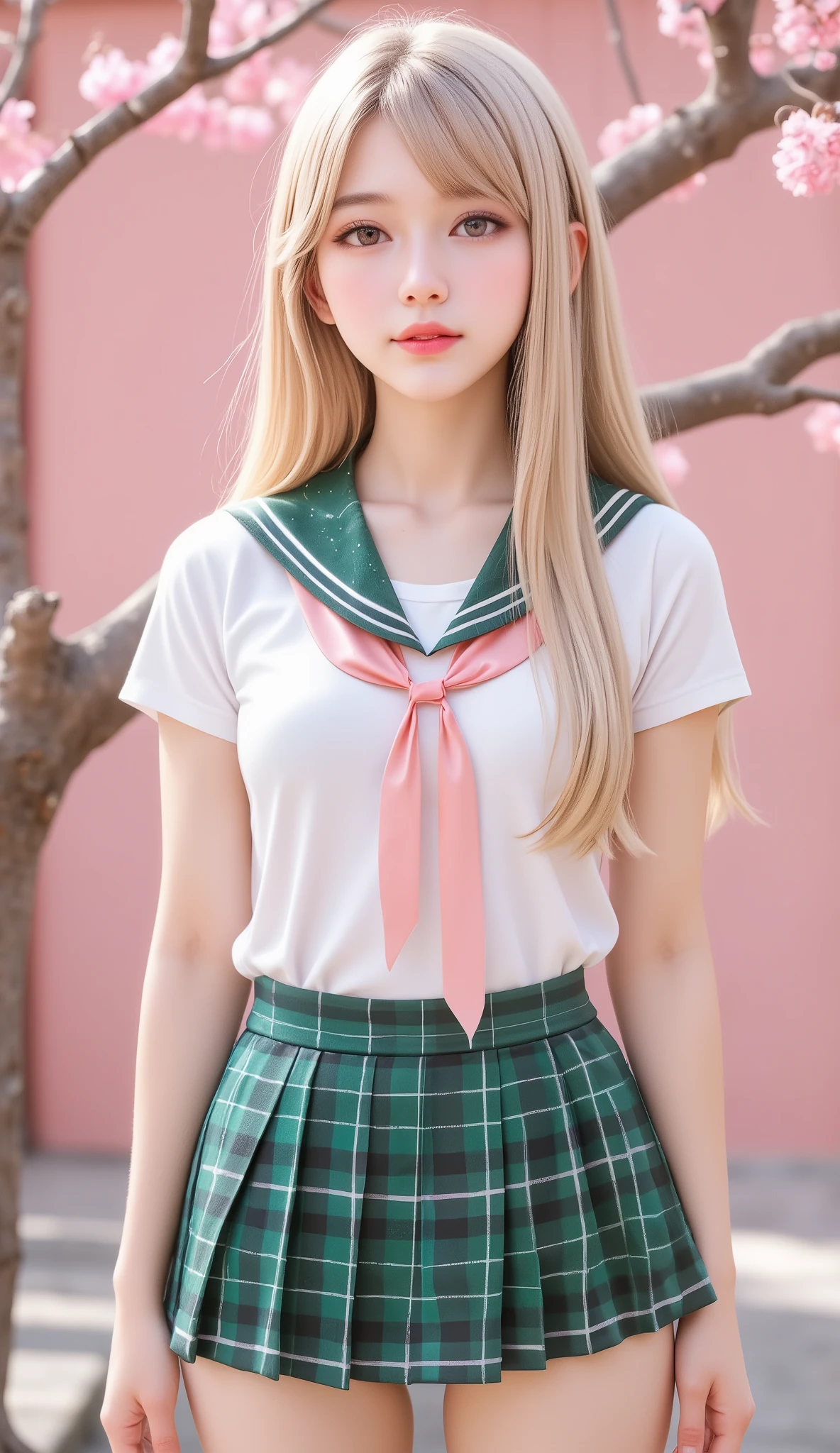 High Quality,8K,masterpiece,Professional illustration,Photo-like Background, Shoot from the front ,Maximize Face Detail,Maximum Detail Texture,Maximum Detail Shadow,Maximum Detail Background,Maximize Face Detail, Pink Background ,outdoor,cherry blossom tree,Smile,Long hair,Blonde Girl,Brown Eyes,Fine Hair Expression,Eyes shine ,Japanese Girls,pink ribbon,sailor suit,Green Plaid Mini Skirt, Slender beauty ,Slim fit style ,Maxi