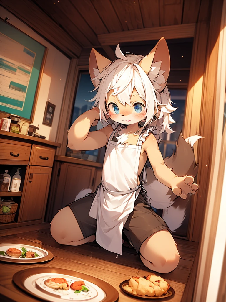 kemoshota, best quality,best resolution,(fluffy anthro furry :1.6),(young :1.6),fox shota, kemoshota, long hair,wavy hair,messy hair,fox ears,body fur, naked apron,beautiful kitchen,romantic light,looking at viewer,desire face,open mouth, horny smile,very horny eyes,heart eyes,heart expression eyes,armpits fur, navel, short height, short statue
