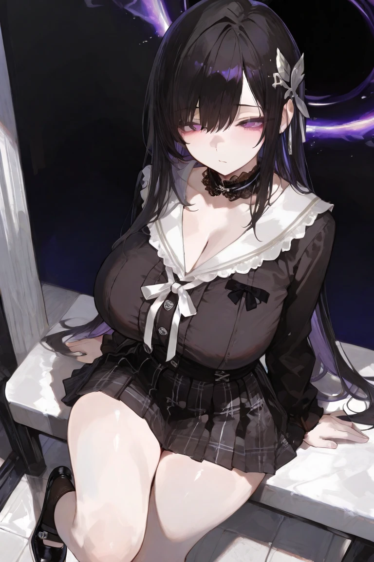 ((masterpiece))、(top-quality)、(detaileds)、(1girl)、Blue glowing eyes、Upstyle、white shirt、a black skirt、looking down to viewer、huge tit、Clean thighs、Sitting on a reflective floor. She's holding her breasts and a nipple is slipping out of her shirt. You can see her a little bit upskirt
