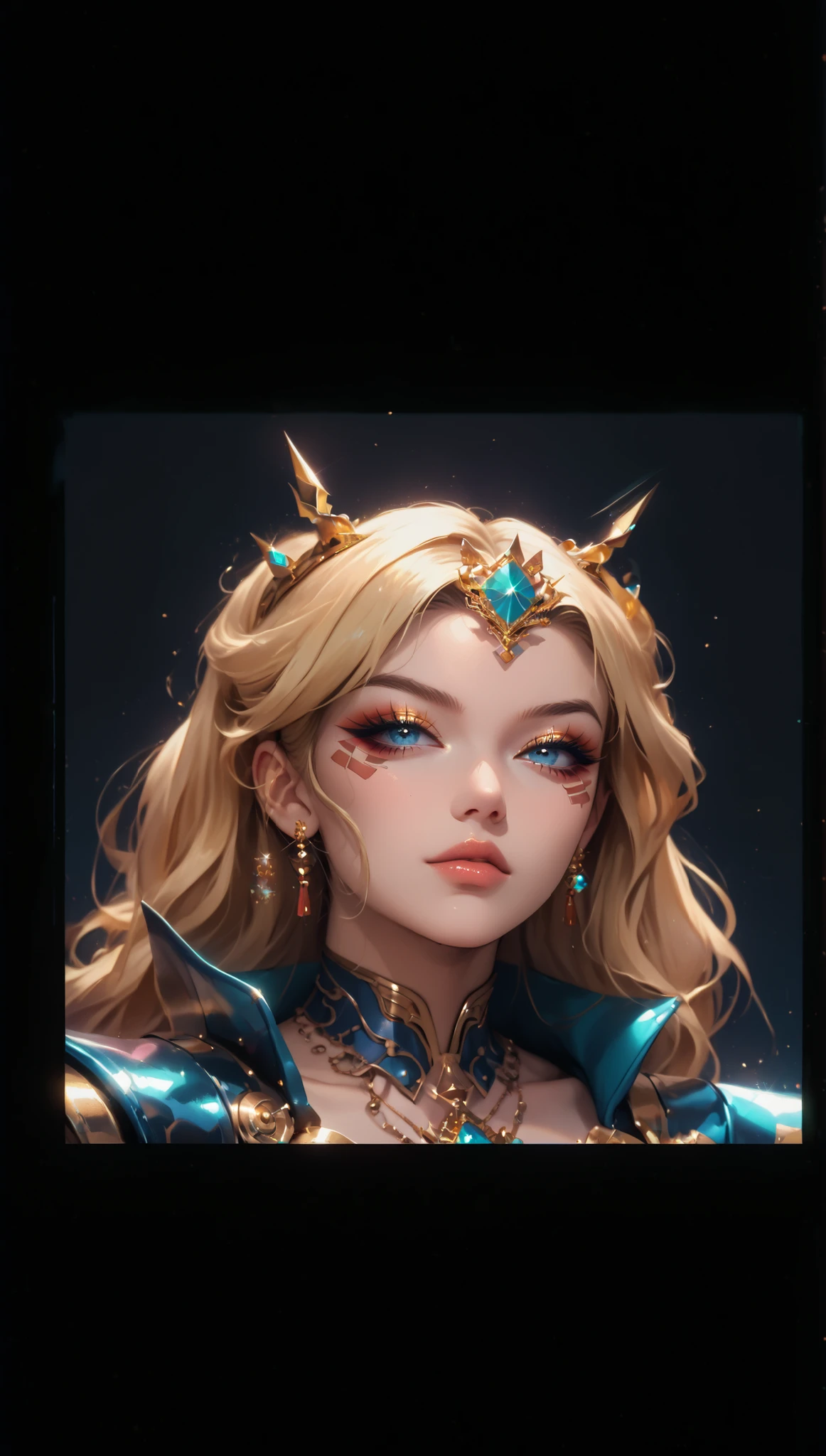anime woman, face portrait, mixed Japanese European, beautiful woman, blonde, blue eyes, Warrior Empress, in her twenties, golden pompous jewelry, beautiful Japanese armor, sexy, cyberpunk princess warrior, elegant fantasy cyberpunk fusion, teal and gold palette, blonde hair, glowing cyan accents, nanoweave fabric, sleek, sophisticated, deadly grace, beautiful royal crown, perfect composition.