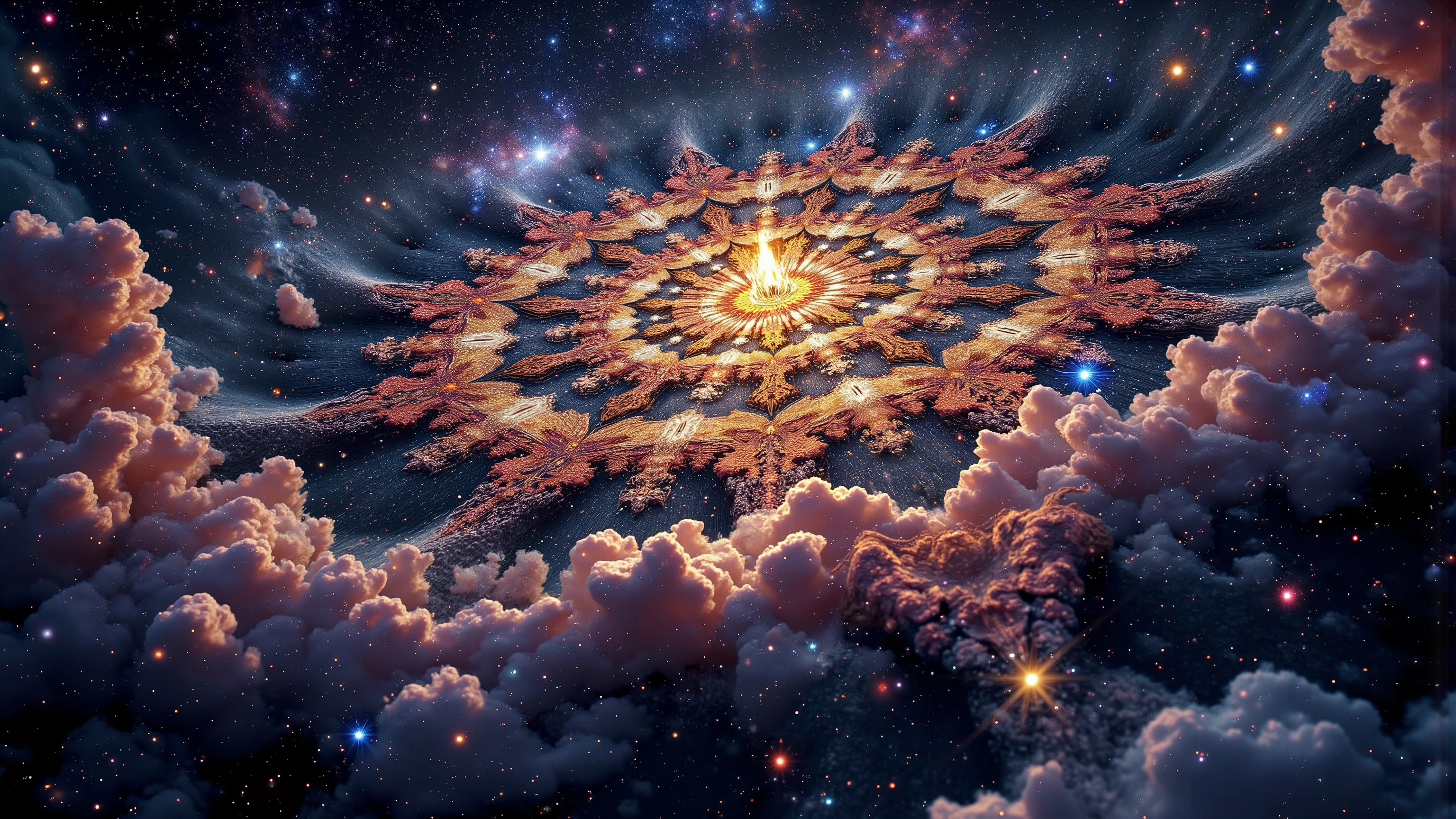 An epic and mystic fractangles' celestial kaleidoscope in an infinity pool of galaxies backdrop. An award-winning masterpiece, with science.