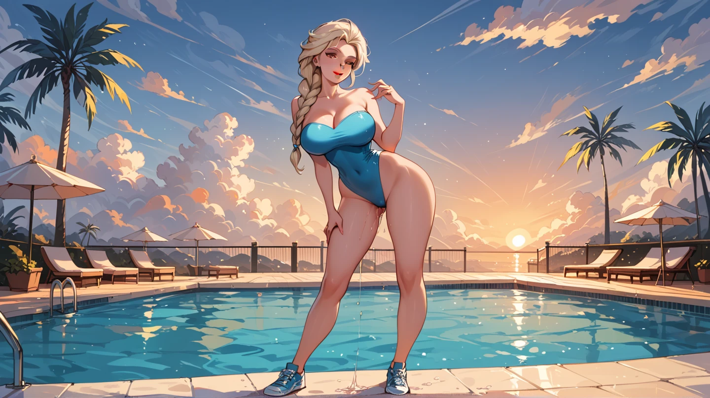 1girl (lifeguard:1.1) in a red swimsuit , huge cleavage, showing her big ass, thick thigs, beautiful thick female, thicc, thick, thick body, voluptuous body, big booty, curvy accentuated booty, blonde amazing sexy lifeguard, pawg, curvy hourglass figure, thick thighs, voluptuous figure, hyperrealistic full figure (nsfw)
