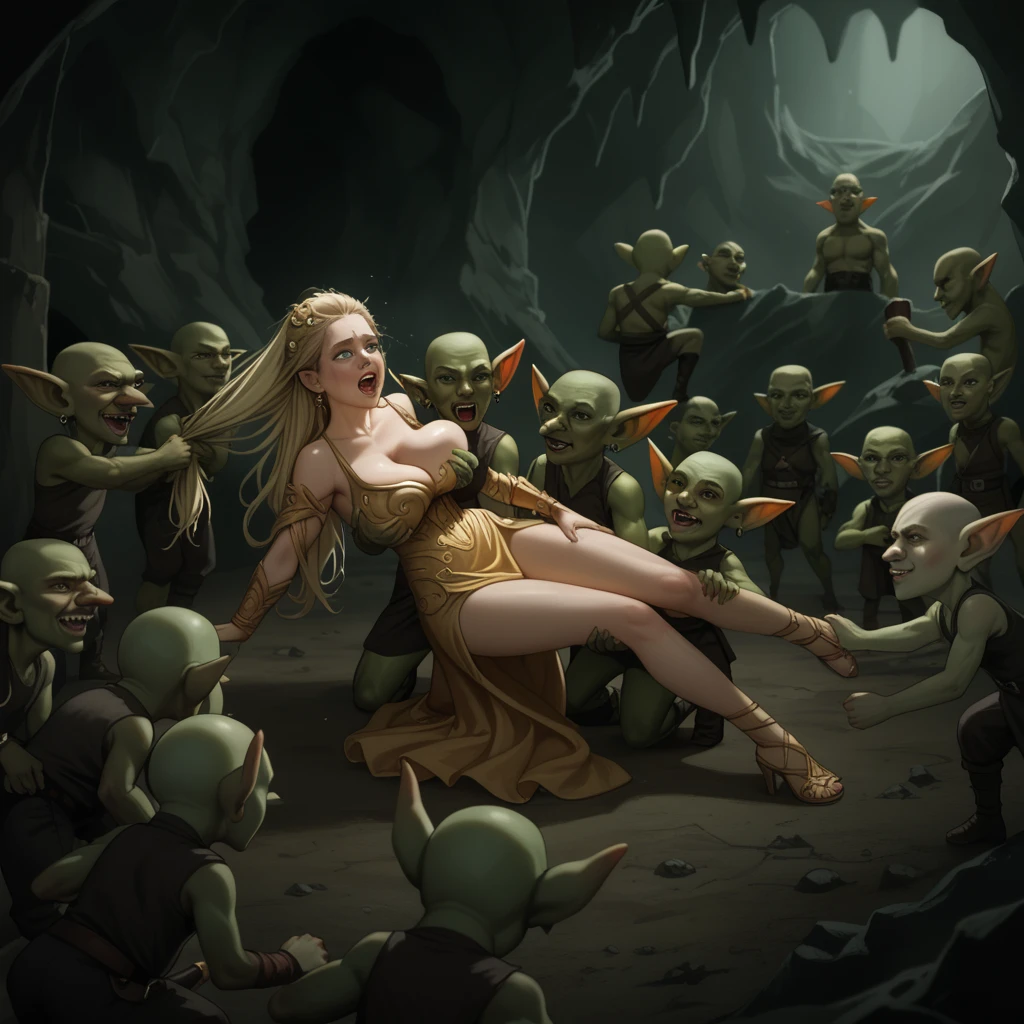 Best quality, ultra-high-detailed, in a seductive pose. Detailed face, slim detailed body, big breast, curvy ass, oily skin, symmetric face, cute, with a belly pin, ponytail hairstyle, blonde elf girl with long wavy hair and blue eyes, pussy cameltoe in a blue dress with gold embroidery, top stripped at breast making her breast naked. goblins , green skin, muscular, huge body, ((long huge large penis, sex, cum, wet penis)). An argument with goblins in the jungle. ((The orc molests her and grabs her by the breast)). female tied up by group of goblins , very close distance from group of goblins , attacked by group of goblins , fucked from behind by group of goblins , raped by group of goblins , crowded by group of goblins , crowded from front back up down side group of goblins , crushed by group of goblins , overlapped by group of goblins , hug by group of goblins , humiliated by group of goblins , bullied by group of goblins , bearhug by group of goblins , fingering by group of goblins , forced by group of goblins , submission by group of goblins , force kissed by group of goblins , touched by group of goblins , fondled by group of goblins , lifted by group of goblins , groped by group of goblins , manhandled by group of goblins , torture by group of goblins , violent by group of goblins , licked by group of goblins , held by group of goblins surrounded by group of goblins , full group of goblins , ultra detailed, ultra realistic, cinematic lighting , Highest quality, 8k wallpaper
