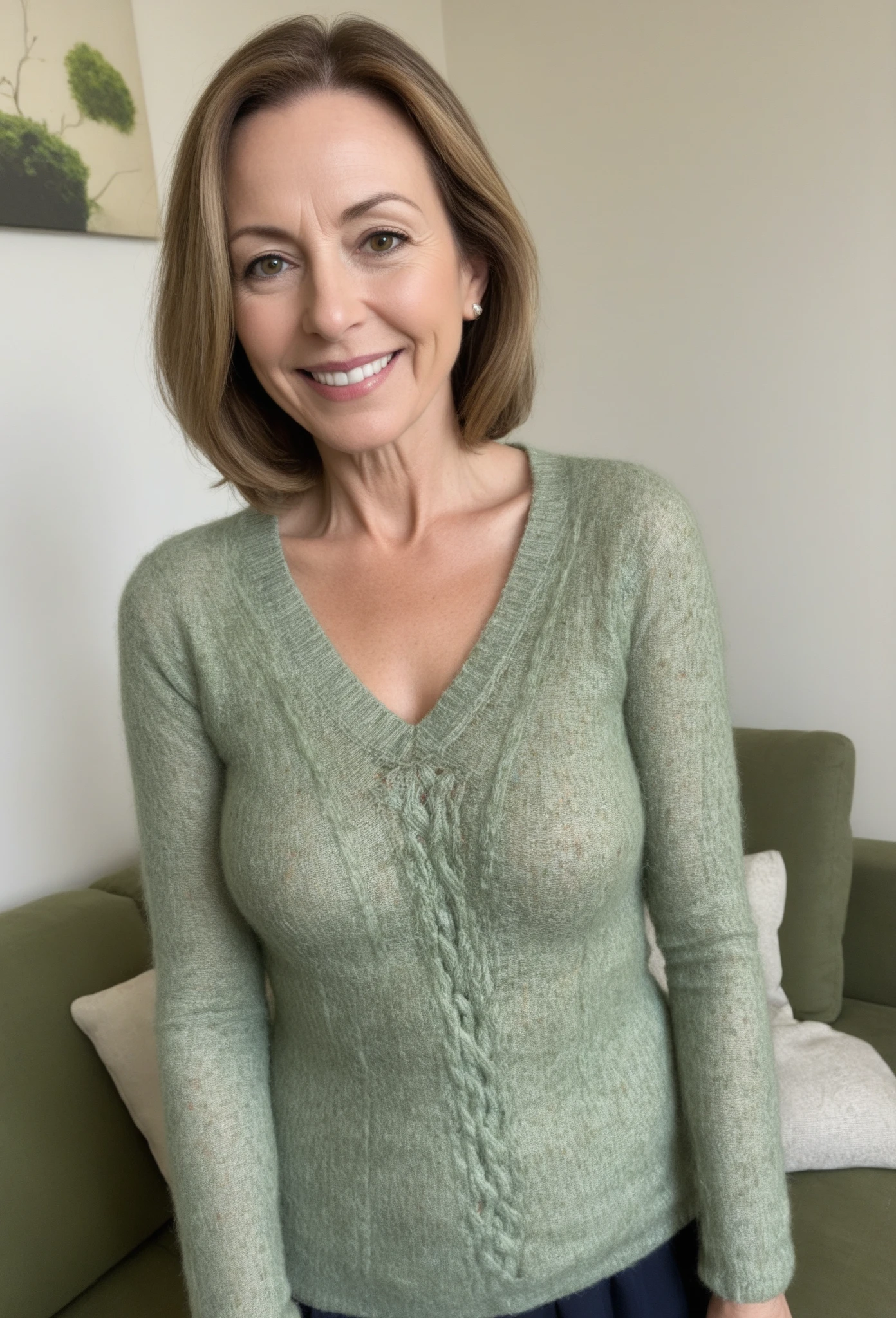 photo of a skinny very old wrinkly-faced mature blonde messy long hair thrown into a messy bun ponytail. She wears: (turtleneck soft high ribbed bright green super tight sweater:1.1), submissive seductive pose, high tight ribbed neck, seductive smile, perfect fake tits, horny eager granny, teasing sexy old lady, no trousers just panties