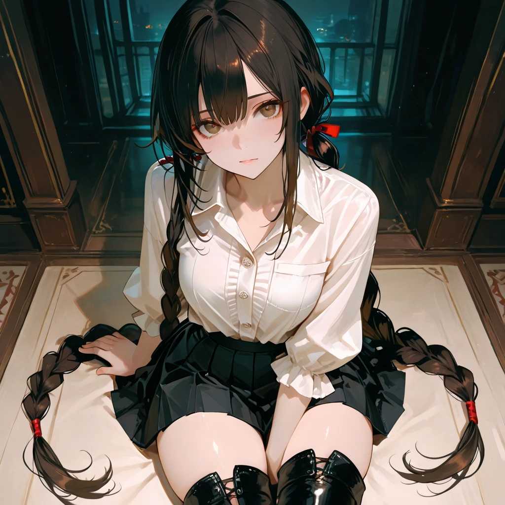 Girl with black hair and white dress standing in chains, badass, anime 8 K, seductive girl, ((chain)), (anime girl), beautiful schoolgirls, 4k anime wallpaper