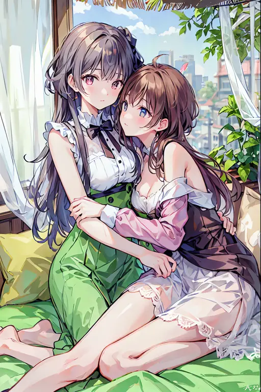 -Yuri , plural, 2 people, Yuri, dress, sofa, Long Hair, kiss, plant, Eyes closed, window, indoor, Sitting, Blurred foreground, on sofa, white dress, Blurred, Exposing shoulders, moon, potted plant, Written boundary depth, Sleeveless dress, Blonde, Sleeveless, chest, black dress, Black Hair, pillow, Bottle, Bare arms, full moon, night, Book, blush, very Long Hair, clavicle, The legs stick out from the frame, chestの谷間, cup, bangs, null, Brown Hair, medium chest, Wavy Hair, curtain, Spaghetti Straps, cushion, Particles of light, profile,high school girl ,、Brown Hairのポニーテール,フレンチ・kiss, barefoot,Underwear is visible,Put your fingers in your crotch,小さいchest,Small Ass,beautiful profile,Clear limbs,Distinctive nose bridge,Anatomically correct limbs