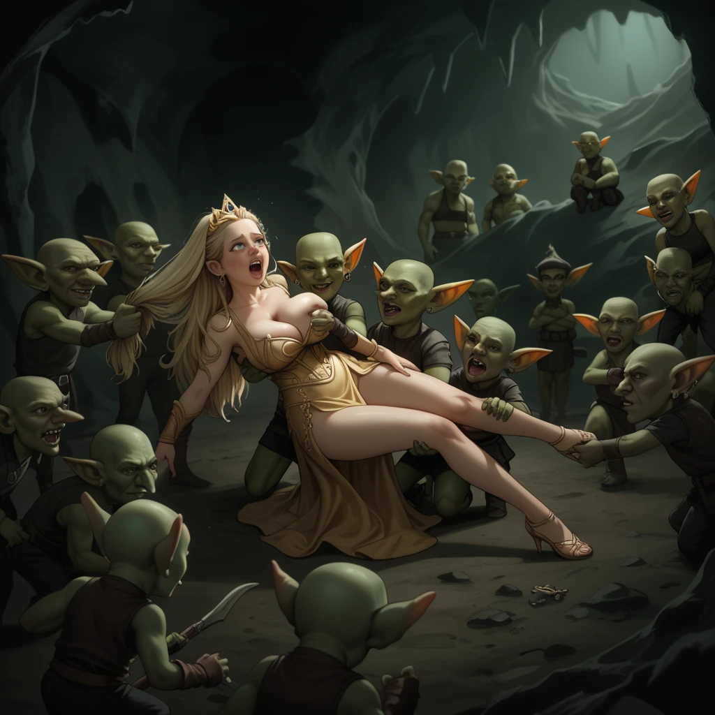 A female knight, wounded, scared face, badly torn-damaged clothes, full body, defeated, tears, cum, full body, after rape, , cum dripping from vagina, in tent, surrounded by goblins, metal armor