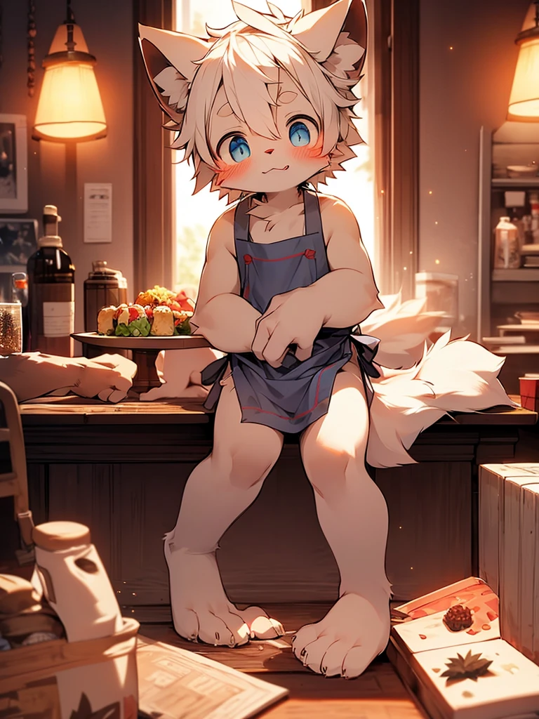 (masterpiece), best quality, perfect face, 2 topless short-height albino white furry shota snow leopard boys, blushed, tongue out, topless, serving, navel, lined up, café, innocent boy, ribbons, bow tie, restaurant, tugging bike shorts, bike shorts