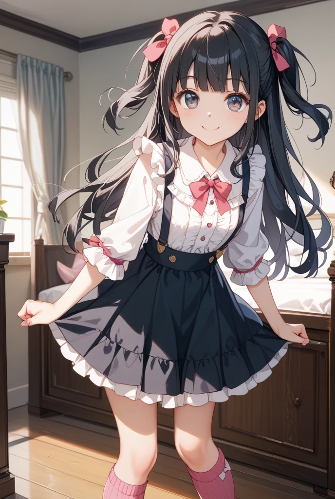 masterpiece, best image quality, ultra high resolution, (loli girl with small breasts), twin tail hairstyle, black hair, red face, shyly, mock, Open your mouth just a little, (A short-sleeved white nurse uniform that shows the cleavage of a loli girl), (white thigh high socks for loli girls), well-shaped lower body, nurse cap, Inside the hospital