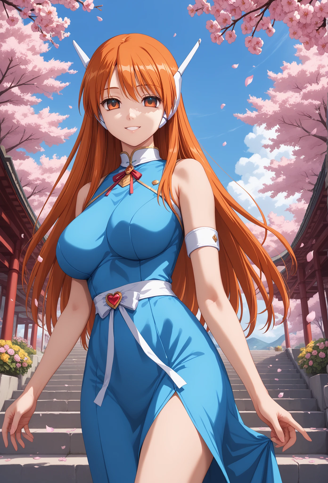 (Very exquisite beautiful face and eyes:1.2),(close your eyes、Open your mouth、),((Big Breasts))、White high leg Chinese dress、、Fresh Skin、Beautiful legs,、,Redhead、Yellow headband、Cherry tree、
(highest quality,masterpiece:1.2),1 girl,Looking at the audience,
Natural light,Hair blowing in the wind,Beautifully detailed skies,((Sweat all over the body))
