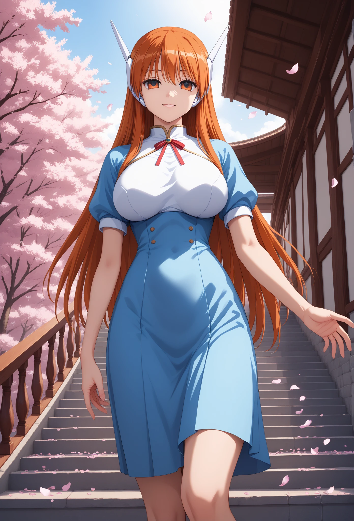 masterpiece, best quality, highres, bbrurufu, animal ears, long hair, orange hair, hair ornament, blue flower, fox tail, blue ribbon, white dress, cleavage, clothing cutout, long sleeves, <lora:hizuki_rurufu_v1:0.7>, walking, cowboy shot, park,