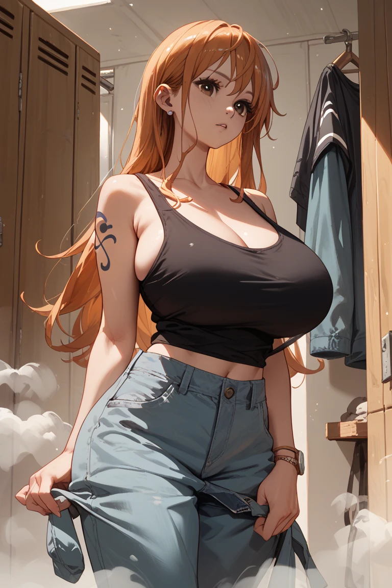 (Short woman:1.1), (woman's hand reaches behind her shorts:1.1), (on a bus), (slender body:1.1), (round boobs), (red-yellow hair:1.3) and (blue eyes:1.1), (detailed hand and finger:1.1), wearing a (tight tank top:1.1) with (short denim shorts:1.1) and (sneakers), (underboob:1.2), (fit thighs:1.1), (detailed face and eyes:1.2), (huge breasts:1.1), (bimbo), (deep cleavage:1.1), (labia outline:1.2), (teat outline:1.2).
