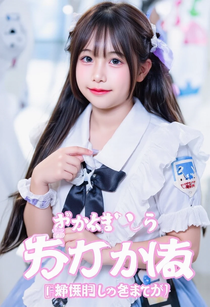 A stylish anime-style character poster of a cheerful girl named Amamiya Beroba. Long black hair with purple and white highlights, playful eyes, wearing a school uniform with a twist—decorated with ribbons and patterns, light accessories hinting her mischievous side. Her pose is playful and sassy, one hand behind her back. Background features confetti, comedy masks, and sparkles. Her name in bold Japanese with English subtitle "Amamiya Beroba – Schemes and Smiles!". Bright lighting, clean colorful anime style, high detail