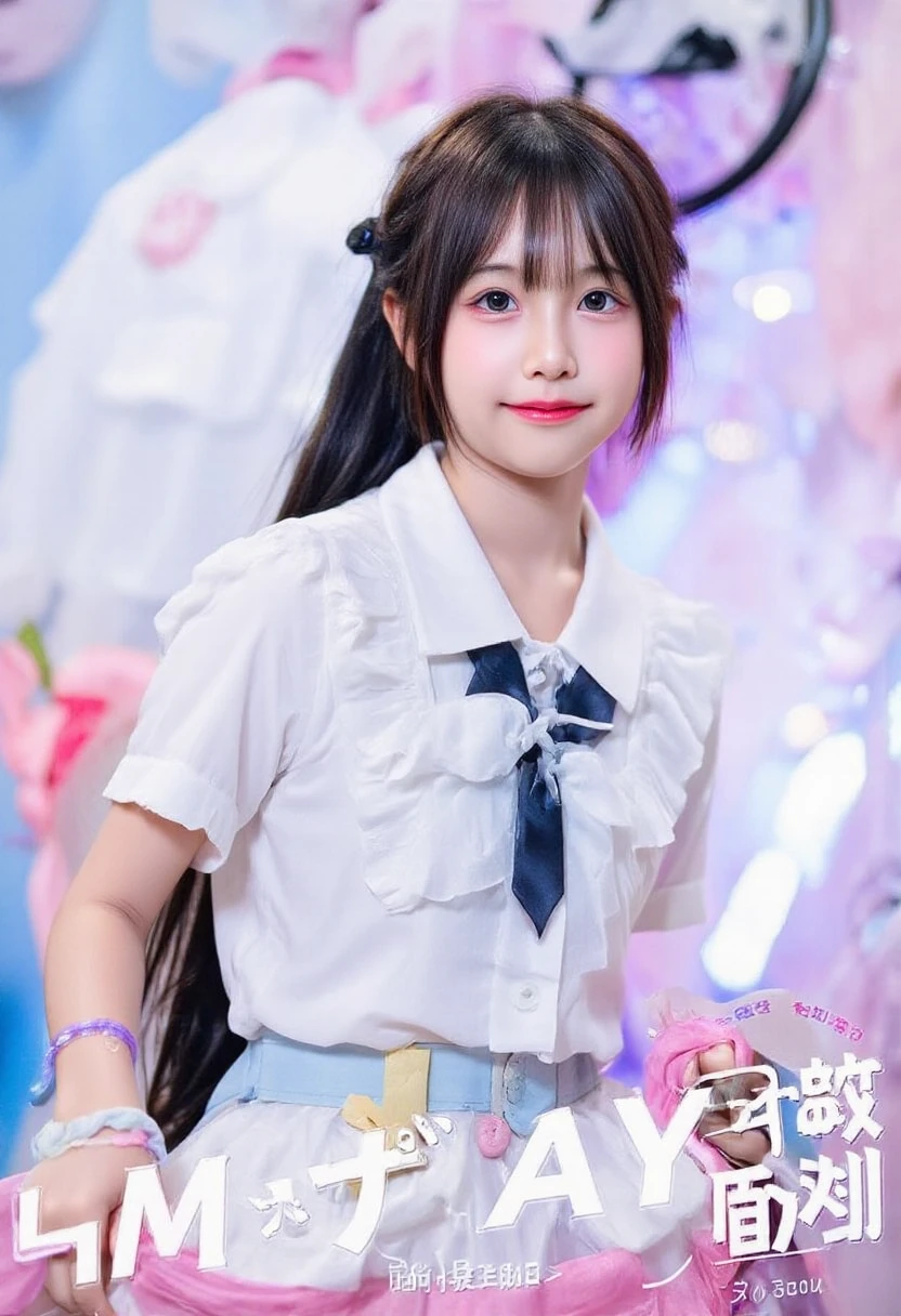 A stylish anime-style character poster of a cheerful girl named Amamiya Beroba. Long black hair with purple and white highlights, playful eyes, wearing a school uniform with a twist—decorated with ribbons and patterns, light accessories hinting her mischievous side. Her pose is playful and sassy, one hand behind her back. Background features confetti, comedy masks, and sparkles. Her name in bold Japanese with English subtitle "Amamiya Beroba – Schemes and Smiles!". Bright lighting, clean colorful anime style, high detail