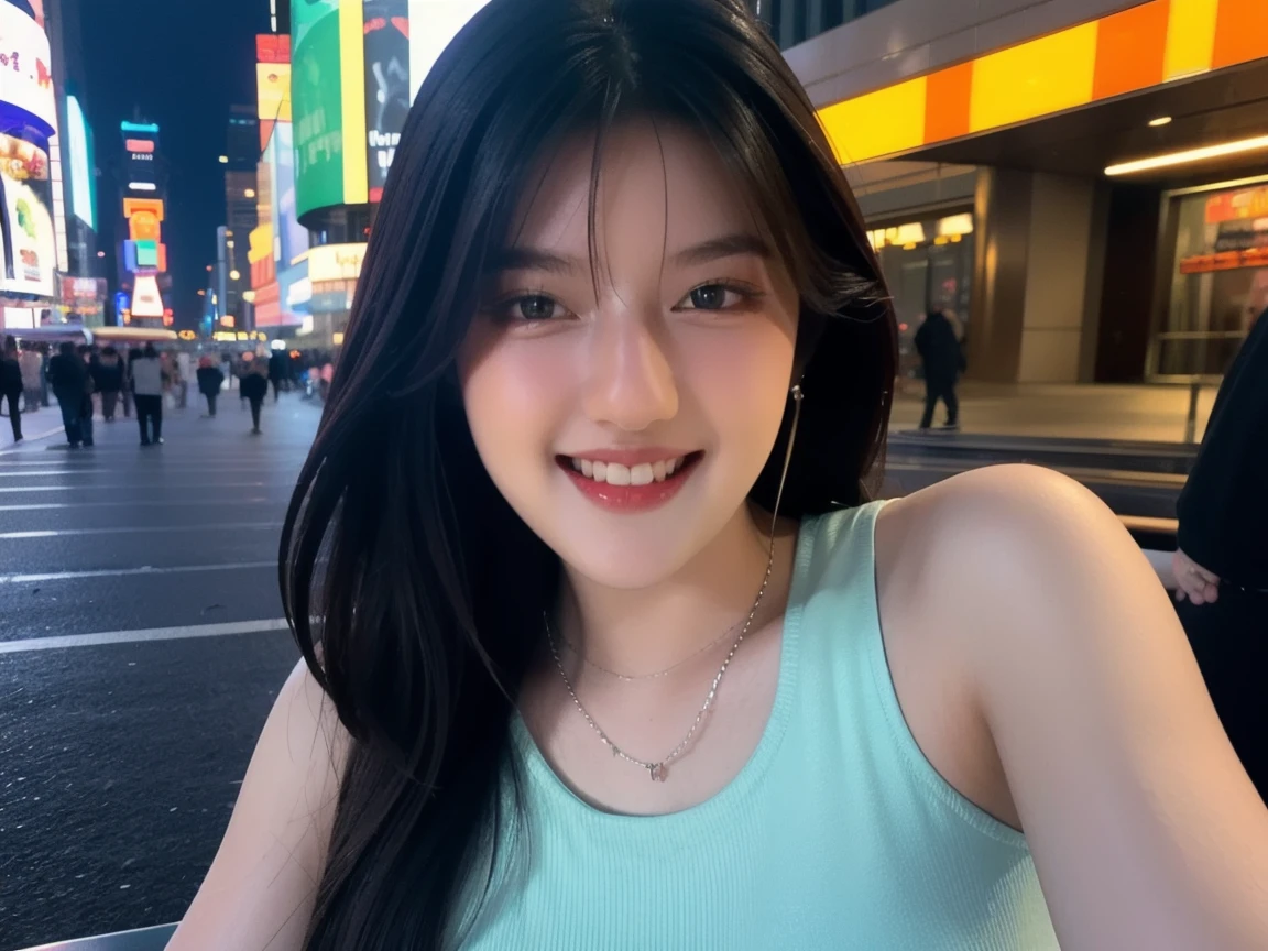Full body, up to the knees、((highest quality、masterpiece:1.3))、sharpen focus:1.2、(Real、Realistic:1.37)、Dynamic beautiful woman、Highly detailed face and skin texture、Fine eyes and double eyelids、,Dynamic pose、smile、Short Hair、Small Necklace、Night Street、Traffic jam、((( Swimsuit with visible nipples)))、Busy sidewalk Get in front of pedestrians and blur them Nipple Slip