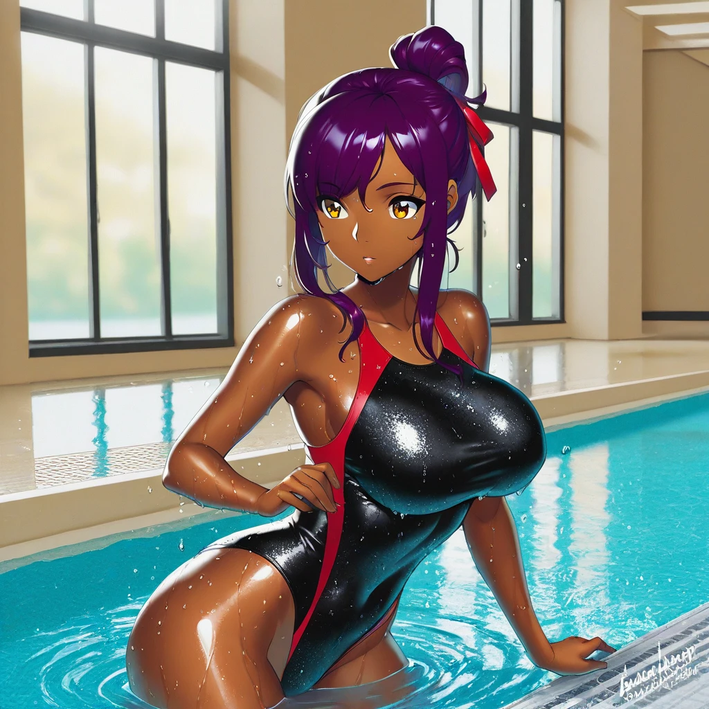 (((((Dark brown skin)))))) (((Shigure Ui))) 明日香,Blue eyes purple hair pixie cut Love juice Red leotard Wet crotch Red knee socks erect nipples curvy Put your hands on the wall