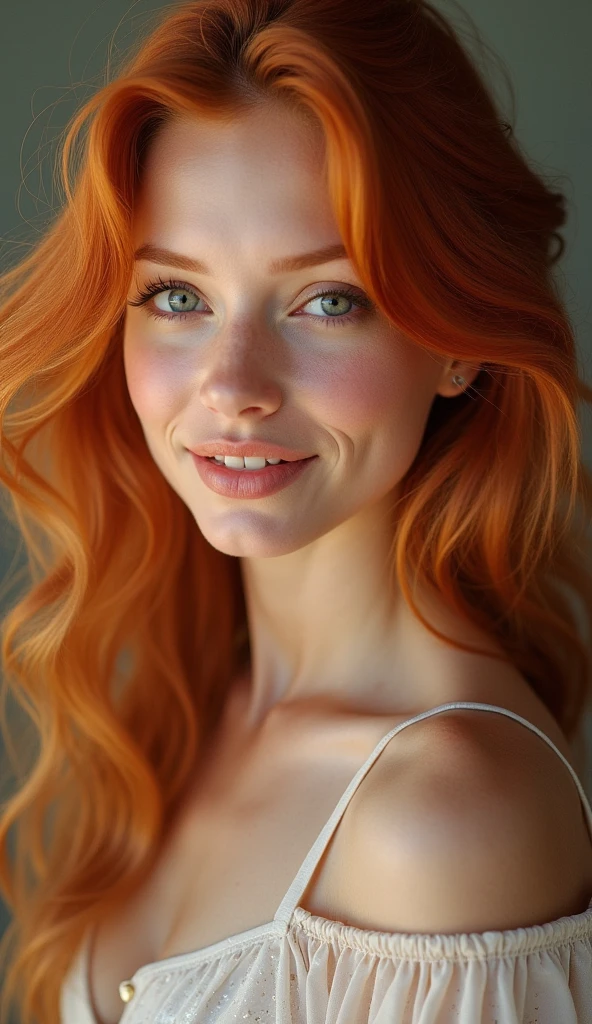 FACE SHOT OF BEAUTIFUL BOMBSHELL RED HAIR WOMAN, LONG RED HAIR, VERY PALE SKIN, YELLOW EYES, EXPRESSIVE YELLOW EYES, LOVELY FACE EXPRESSION, CLOSED MOUTH SMILE, GORGEOUS LIPS, ROSY CHEEKS, HIGH CHEEKBONES, MENTAL FORAMEN, VOLUMOUS BREASTS, STRAPLESS CLEAVAGE, ATHLETIC CURVY BODY, FRONTAL ANGLE SHOT, DARK BACKGROUND, DIFUSED LIGHTS, YELLOW BACK LIGHTS, MASTERPIECE