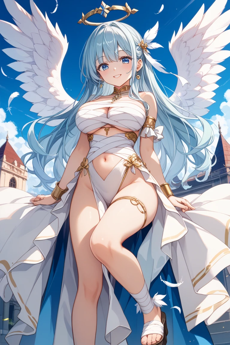4K,High resolution,one woman,harpy,light blue hair,long ponytail,big breasts,white wings,golden toenails,goddess,goddessのドレス,winged hat,Jewelry Decoration,Temple in the Sky,night background