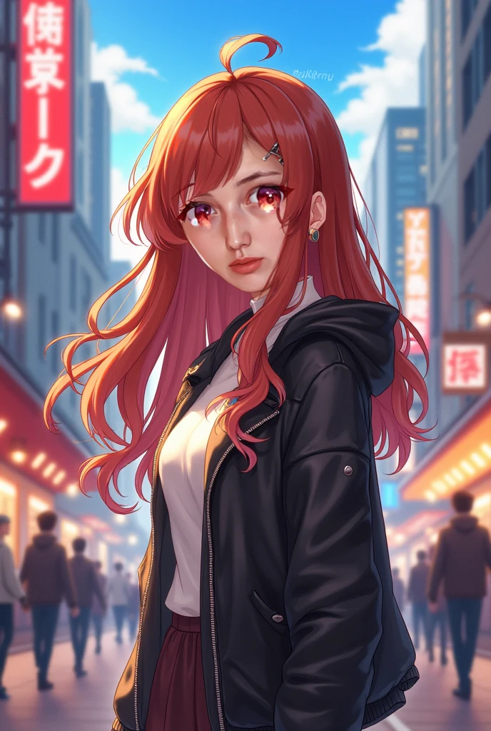 Short girl,her hair is black,wavy and long with some red highlights ,Her eyes are almond-colored,her body type is hourglass, his skin a light brown.