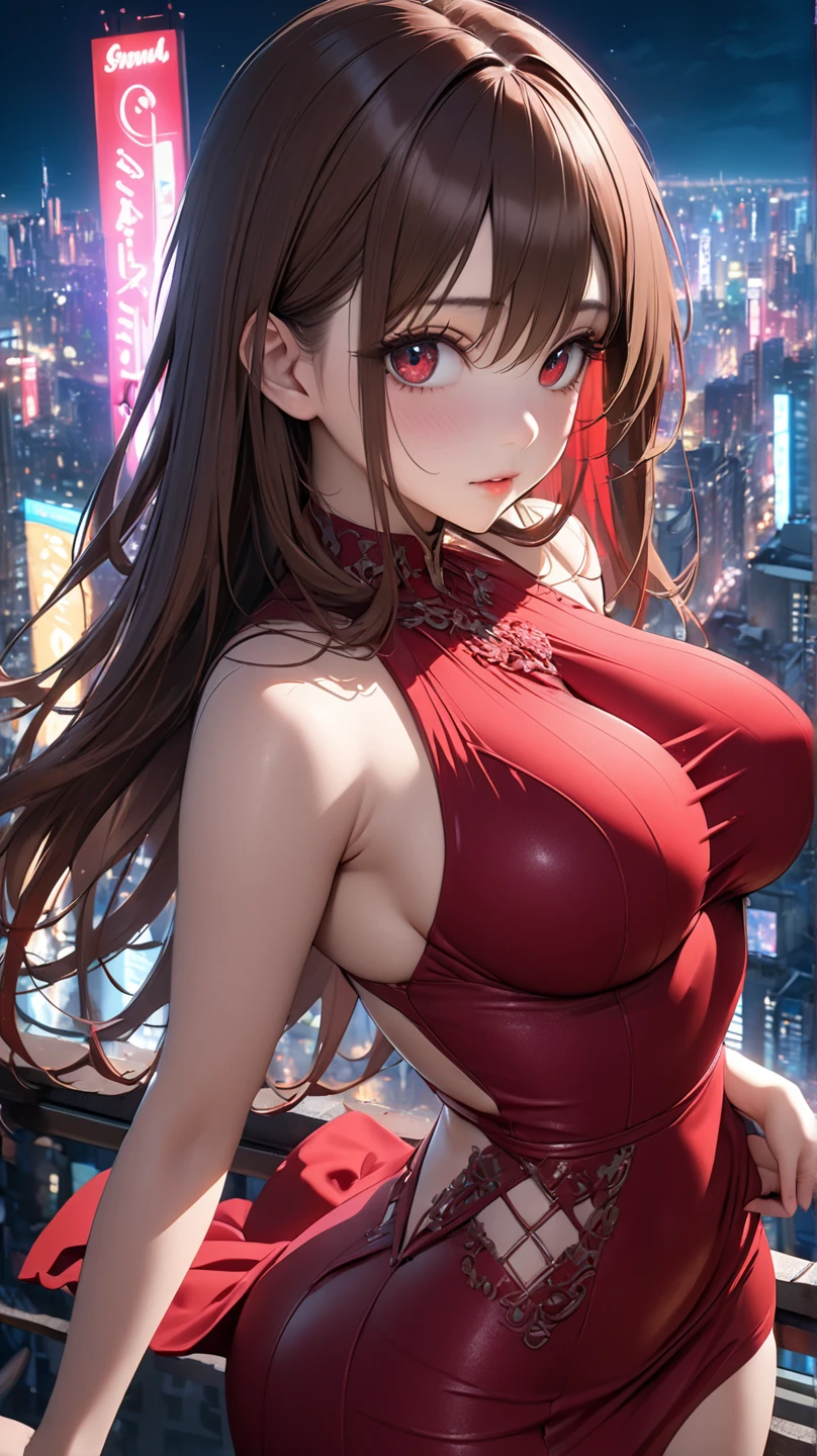 Taiwanese Idol Mature Woman Brown hair with bangs Rimless glasses Turn around with your back Bright red rouge lips Big Breasts Super Shiny Enamel Chinese Dress garter belt Enamel stockings Knee-high boots Heavy rain at dawn in a cyberpunk cityscape masterpiece humid Zoom Armpits