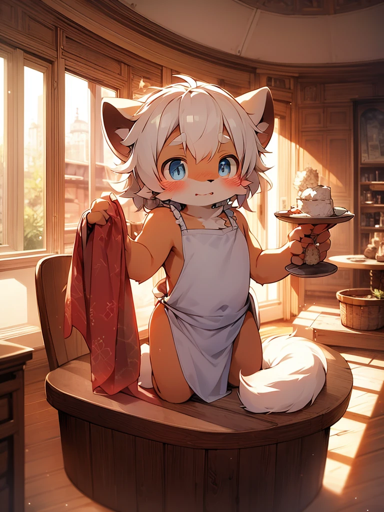 Furry gray wolf,blue-green eyes, big ears,light white hair,Light brown hair ends,black贴身泳衣,Tied to the bar in a bar,legs spread,Puppy、Handsome,Lovely,Slim stature,sweat,Open your mouth slightly,Right hand wooden plate,There is milk on the plate,black,Tongue out slightly,Slobber,An embarrassed expression,Serving guests