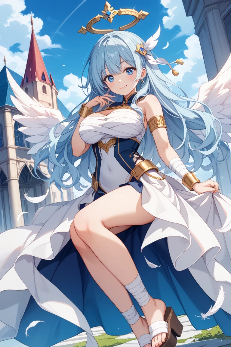 (angel girl:1.2), (1 person:1.2),(10 year old girl)、young girl、big breasts、 nffsw、shader、highly detailed eyes、big breasts、loose and fluffy long hair,、side boob、Glossy cleavage、blue hair、angel wings、silky hair、Angel attire(White thin fabric、plain colors、mini skirt、plain colorsのシルク手袋)、very complex pupil of the eye、highest quality、bright colors、Bust 100、rests、Standing picture of the game、Stirring composition、Composition looking up from below、Lift your with your hands、Pose that emphasizes the chest、fold your arms、grinning expression、eyes half closed、open your mouth、stinky eyes、evil face、Bullish smile、fold your hands behind your back、Hide your hands、evil smile、whole body、美新new、god々new