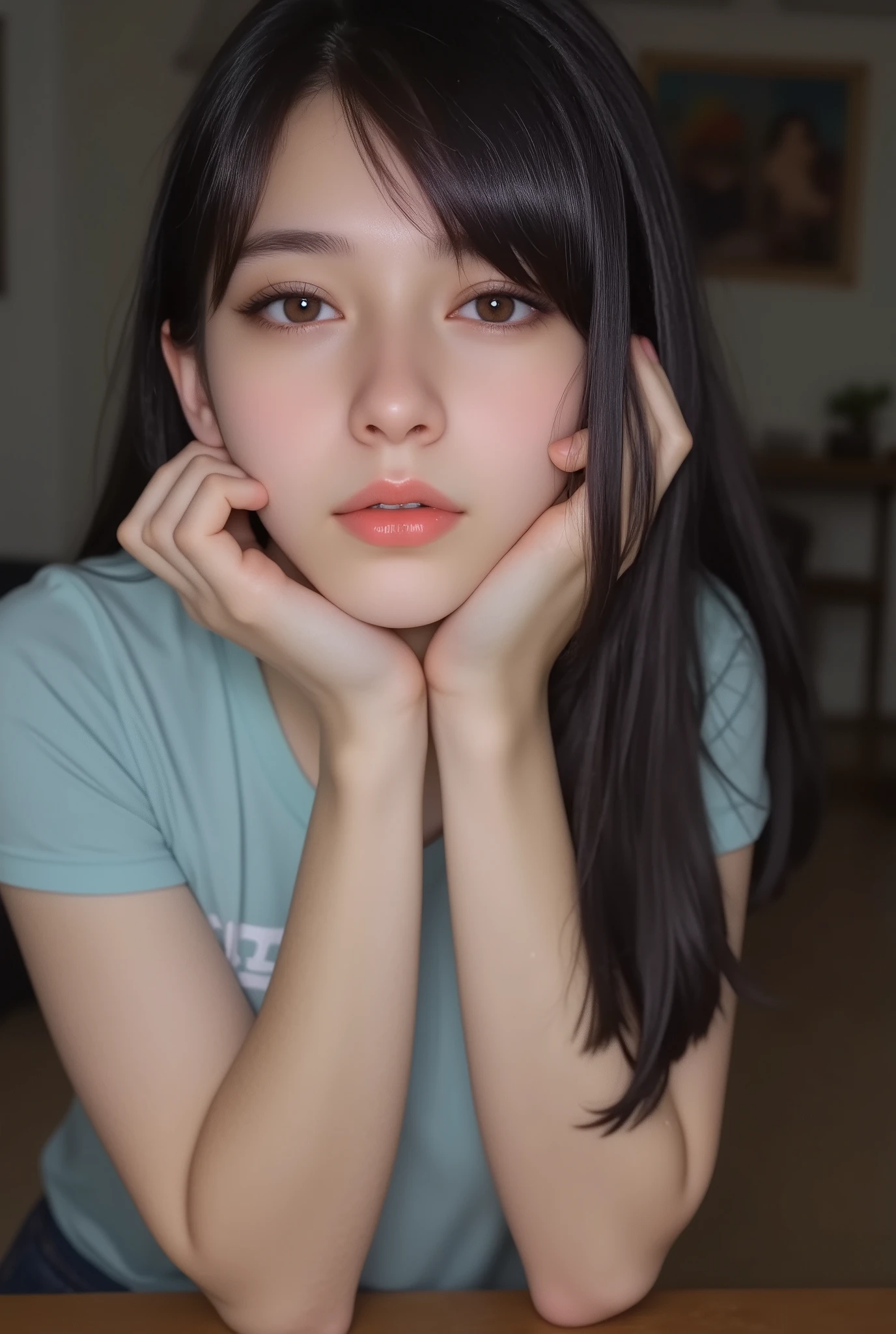 amateur shot , a very pretty girl who suddenly enters the young man's room at the hotel, very beautiful attractive face , this girl is wearing a thin light blue t-shirt , shoulders and chest open , No makeup, light smile , slightly open mouth , has long thin black hair , wearing white ocean crop top, natural face , feverish. girl can be topless , has very nice . young man without a beard , Surprised . the boy immediately embraces the girl . nsfw, ukranian, very sexy , erotic