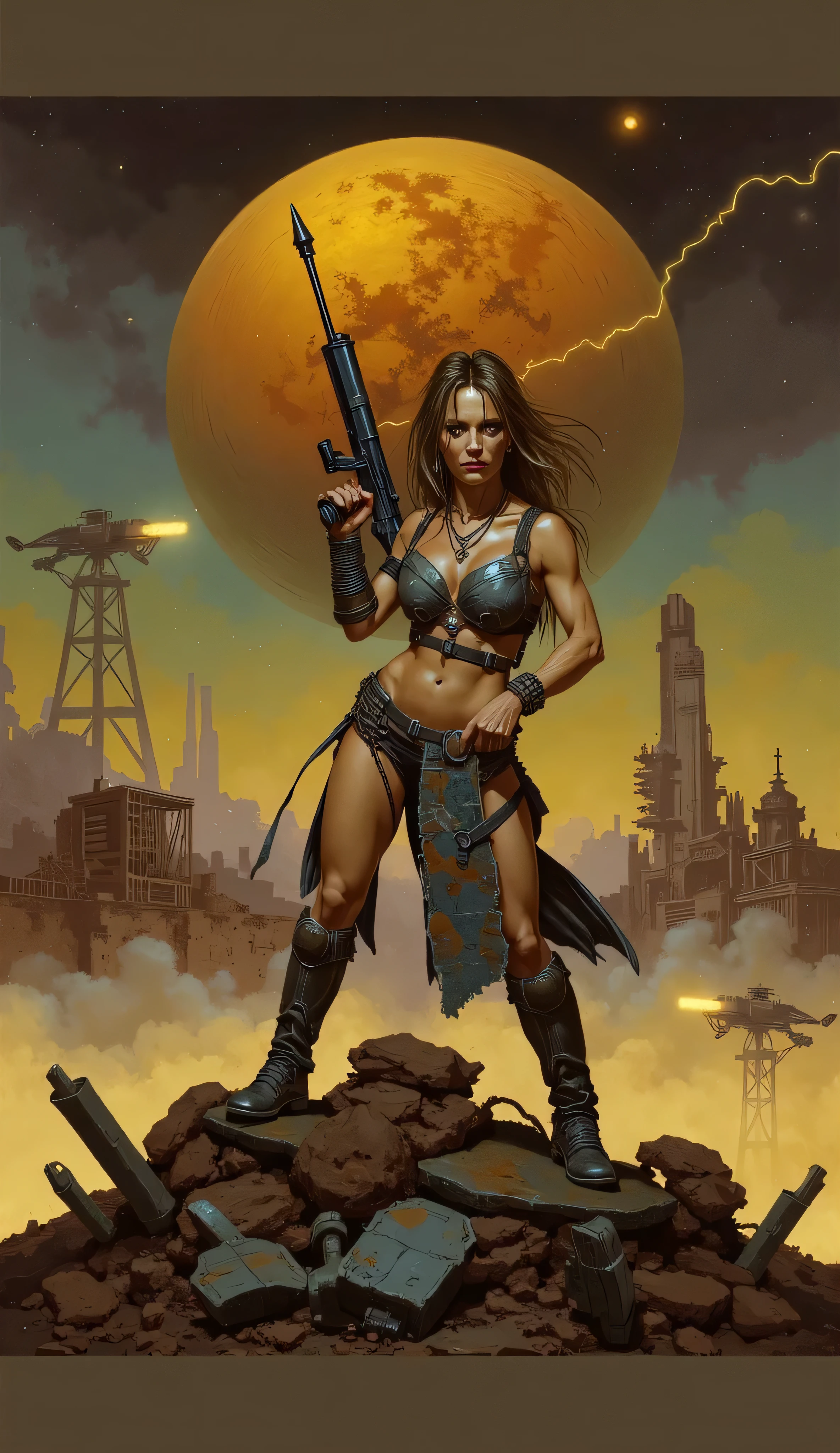 Blonde Warrior. raised upright and proud on the ruins of a destroyed planet, her broken military clothing with metal and leather details is very tight, giving her a touch of beauty and wild sensuality in the middle of this post-apocalyptic planet. A is next to her hugging one of her legs, looking frightened at the stormy and cloudy sky.