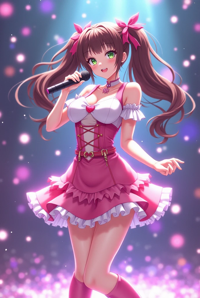 highest quality、All limbs、full finger、Slender beauty、straight hair、brown hair、Dereste、pink, 白とpinkのアイドル衣装、high socks、beautiful big breasts、live stage、sing、dancing、big smile、(white horizontal lace panties:1.1), skirt lift, shirt lift, show off panties、(show off bra:1)