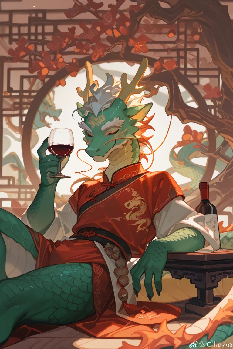Chinese lunar dragon, drinking whiskey in night bar,  dragon in red and gold color scheme, digital painting style, color contrast, wide-angle shot, juxtaposition of fantasy and reality, moonlight,  visually appealing, balanced composition, elegant, contemporary, rich color palette, Chinese aesthetic, dramatic lighting, high resolution  <lora:SDXL\sd_xl_dpo_lora_v1:1.0>,  <lora:SDXL\MJ52:0.5>, <lora:SDXL\RMSDXL_Creative:0.25>, <lora:SDXL\xl_more_art-full_v1:0.95>,