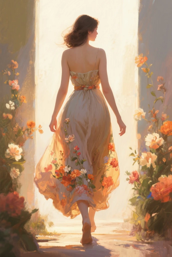 (((masterpiece))),(((best quality))),((ultra-detailed)), ((illustration)),floating, ((an extremely delicate and beautiful)),(beautiful detailed eyes),((disheveled hair)), (painting),(sketch), 1girl, small_breasts,((neck)),(((back))),(looking back), blush,dhalter dress, sliver hair,backless dress