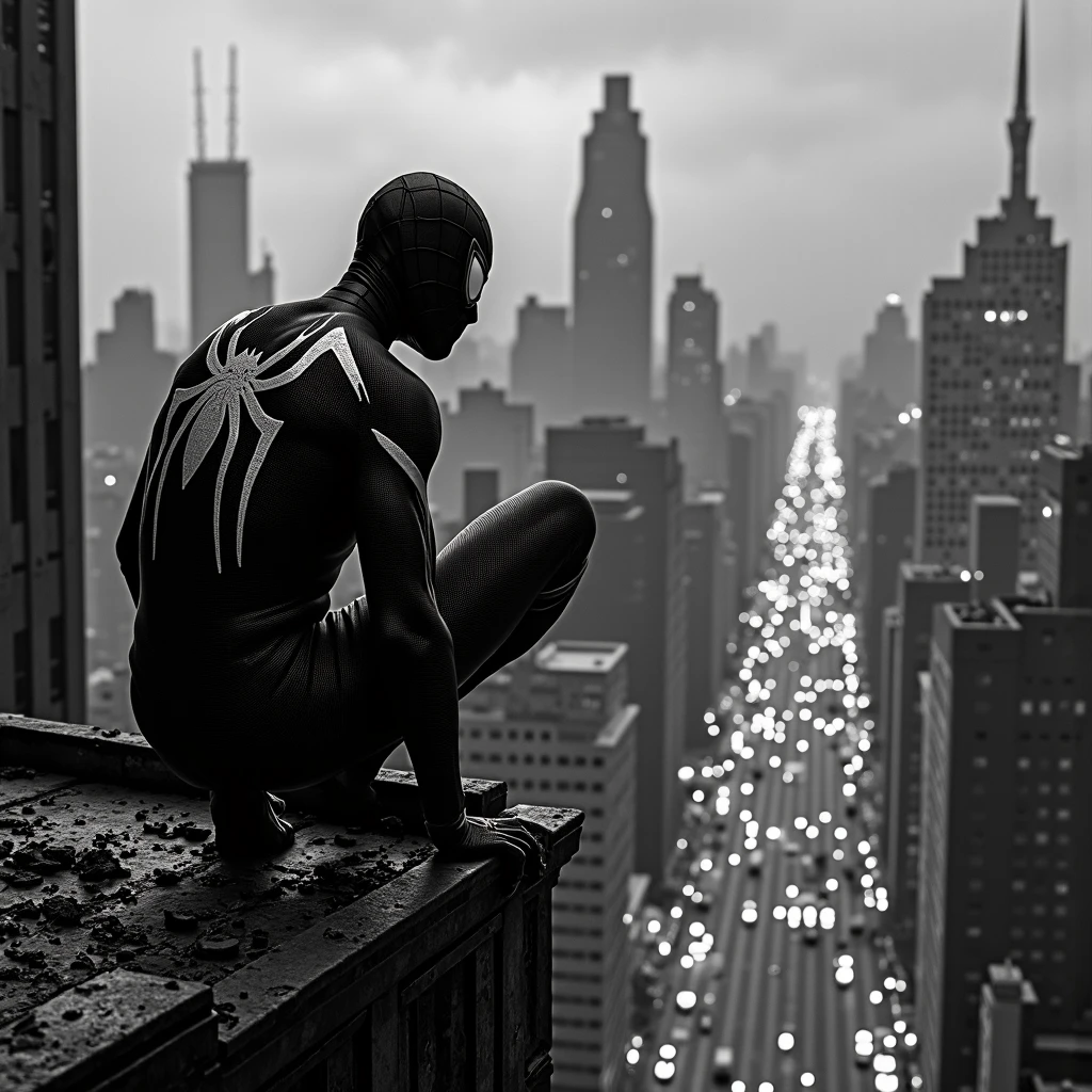 Homem-Aranha em pé no topo do Empire State Building, looking at New York while holding on with one arm, cinematic, dramatic light, golden hour time, confusion
