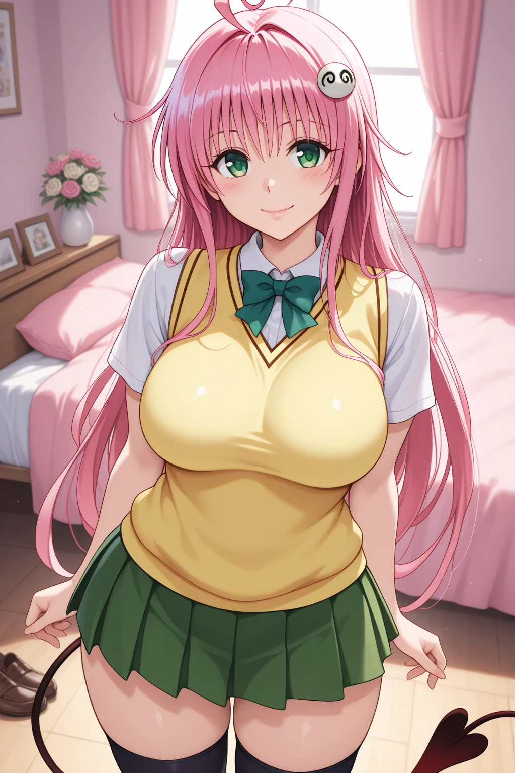masterpiece, best quality, highres, aalala, long hair, ahoge, hair ornament, green eyes, breasts, , green bowtie, collared shirt, white shirt, sweater vest, yellow vest, short sleeves, plaid skirt, green skirt, huge breasts, on bed,nsfw,looking viewer,socks