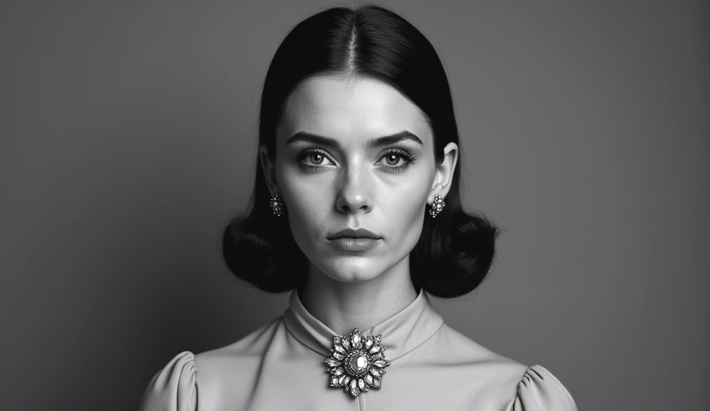 sota, monochrome, portrait, 1950s hairstyle, 50s makeup, jewelry, formal hairstyle, glamour, headshot, (looking at viewer), parted lips