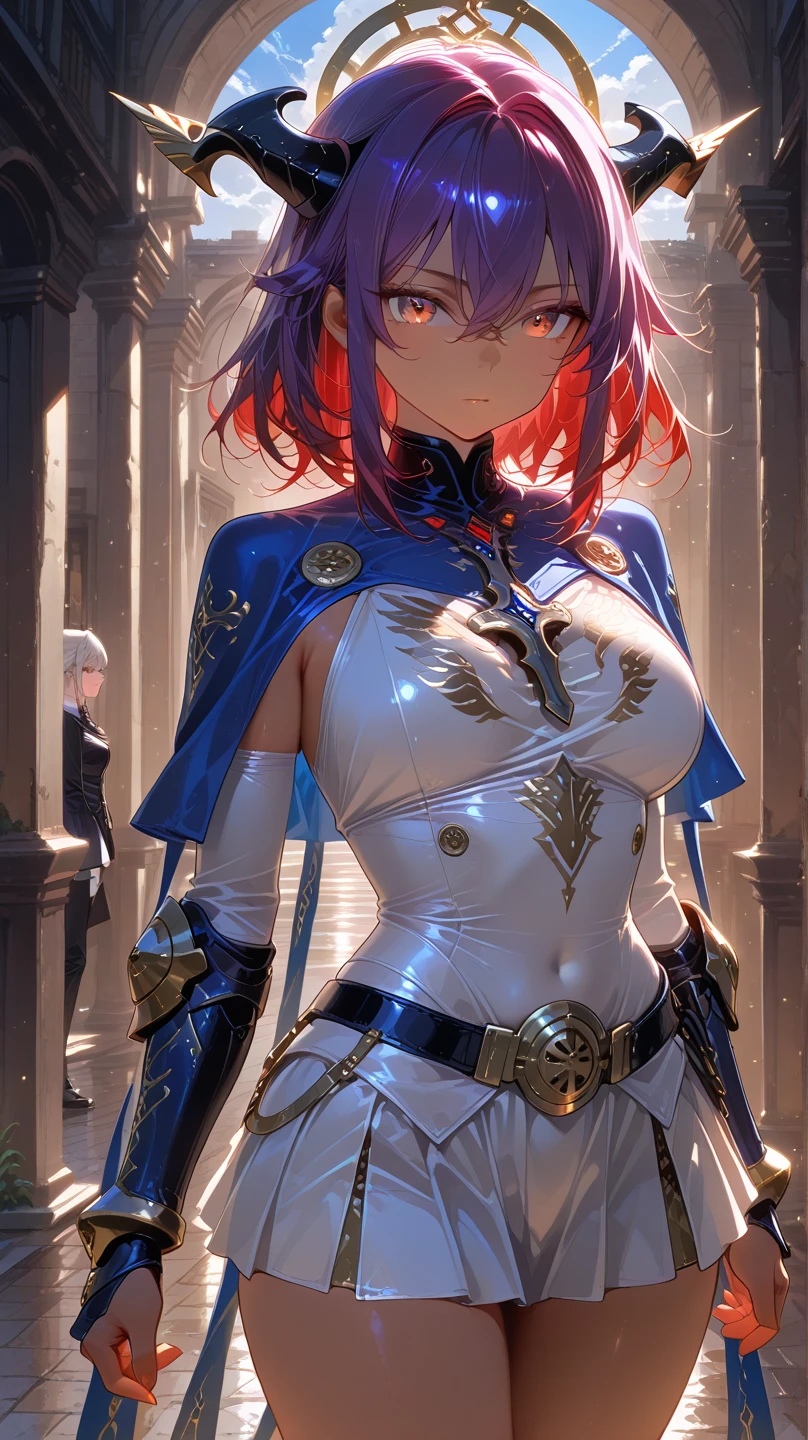 fantasy, 1girl,young_, ,silver_hair, short_hair, long_bangs, bare_shoulder,thighhighs,silver_armor, waist_armor, large_breasts,half_eyes,floating, bare_crotch, headgear,gauntlet, greaves,city_background,slightly_spread_legs, solo, groin_naked,(hair_over_one_eye:1.5),rise_knee,rise_leg,light_smile,