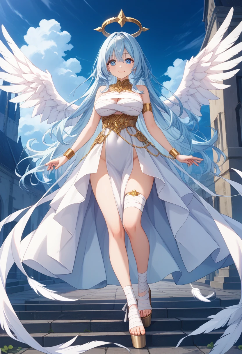 4K,High resolution,One Woman,Blue Hair,long hair,Braid,Big Breasts,Valkyrie,White sacred high leg leotard armor,White gloves,White shoes,Winged headgear,Jewelry decoration,Gold decoration,Holy Sword,Temple in the Sky