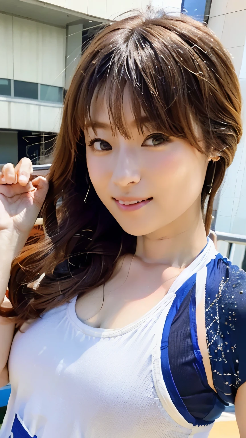 in 8K、(Ultra-realistic images)、ultra-detailliert、masterpiece、Live Action、a picture、Top image quality、(top-quality)、Lights from the front、japanes、((Pocchari body type))、femele、Age 55 years old、The face is normal、She is wearing a small light blue bikini with frills.、With a cute smile、((Colossal tits:1.5))、 A full-body photo、Beautiful fingertips、short brown hair、Bright red lipstick、lewd slut、She wears big earrings and a headband.、Sweaty、In the crowd、Nail、